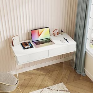 LITTLE TREE Computer Desk with Acrylic Legs, Home Office Desk with 2 Drawers, Modern White Desk with Storage, Makeup Vanity Desk for Bedroom