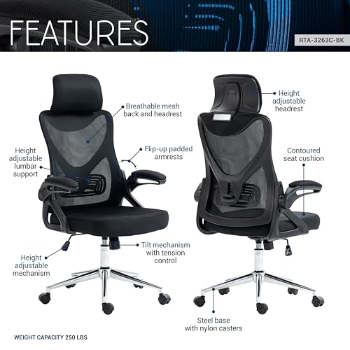 Techni Mobili Essential Ergonomic Office Chair with Lumbar Support & Adjustable Headrest – Breathable Mesh Office Chair with Flip-Up Armrests, Durable Chrome Base - Black