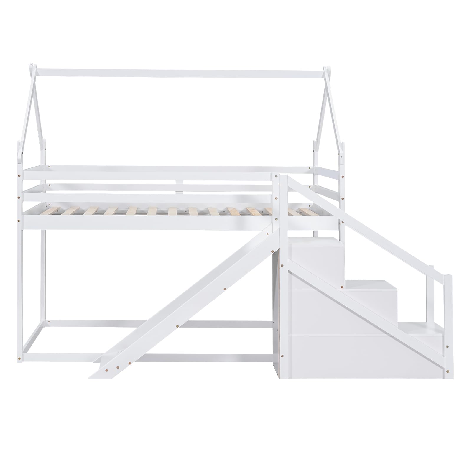 BestLM Twin Over Twin Wood House Bunk Bed with Slide and Storage Staircase, Twin Size House Loft Bed Frame with Roof and Safety Guardrails for Boys and Girls, White