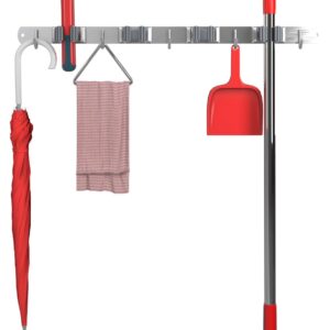 Mop and Broom Holder Wall Mount, Keep your Closet and Garage Tidy with a Heavy Duty Wall Mounted Mop and Broom Holder, - Utility Rack Laundry Room Organization and Storage Tool Rack Organizer Hooks