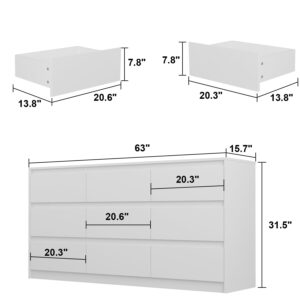 Hitow 9 White Drawer Dressers, Modern Large Dresser for Bedroom Organize, Wooden Long Dresser with 9 Handle Free Drawers, Storage Chest of Drawers for Living Room Office, Ball Bearing Slide (63" W)