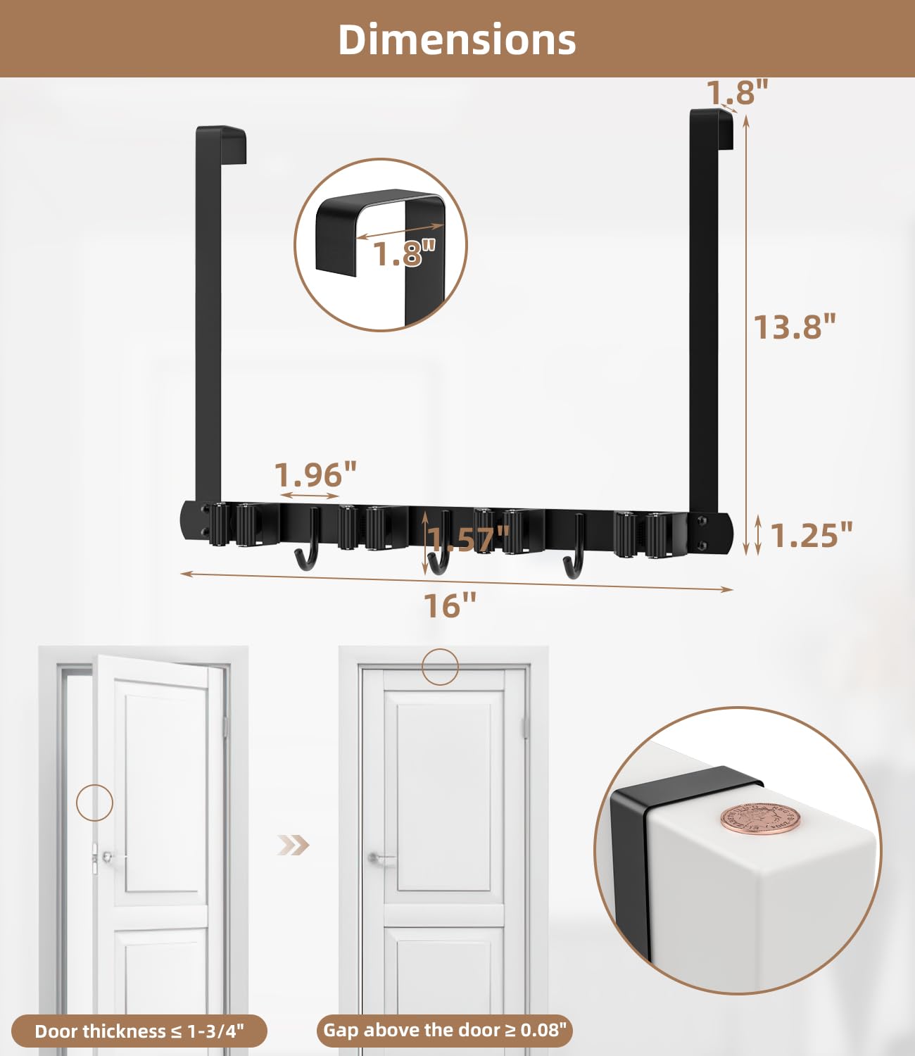 PrimZooty Broom Holder Over The Door - 304 Stainless Steel Mop and Broom Holder Wall Mounted or Hanging Over The Door with Hooks - Broom Hanger, Broom Storage Tool Organizer for Garage Closet Laundry