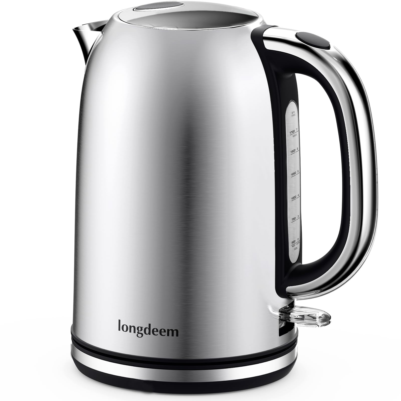 Longdeem Fast-Boil Electric Tea Kettle, 1.7L Stainless-Steel Water Heater, 1500W, Cordless Design with LED, Auto-Shutoff & Anti-Dry Protection, Silver