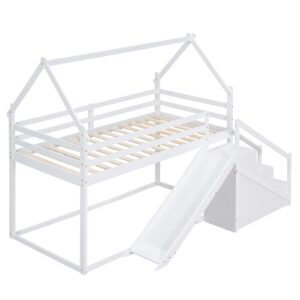 BestLM Twin Over Twin Wood House Bunk Bed with Slide and Storage Staircase, Twin Size House Loft Bed Frame with Roof and Safety Guardrails for Boys and Girls, White