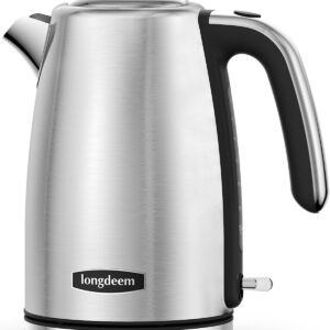 LONGDEEM Electric Kettle Stainless Steel 1.7L - 1500W Quick Boil, Retro Style, Auto Shut-Off, Boil Dry Protection with Filter & Water Gauge - Perfect for Tea, Hot Water