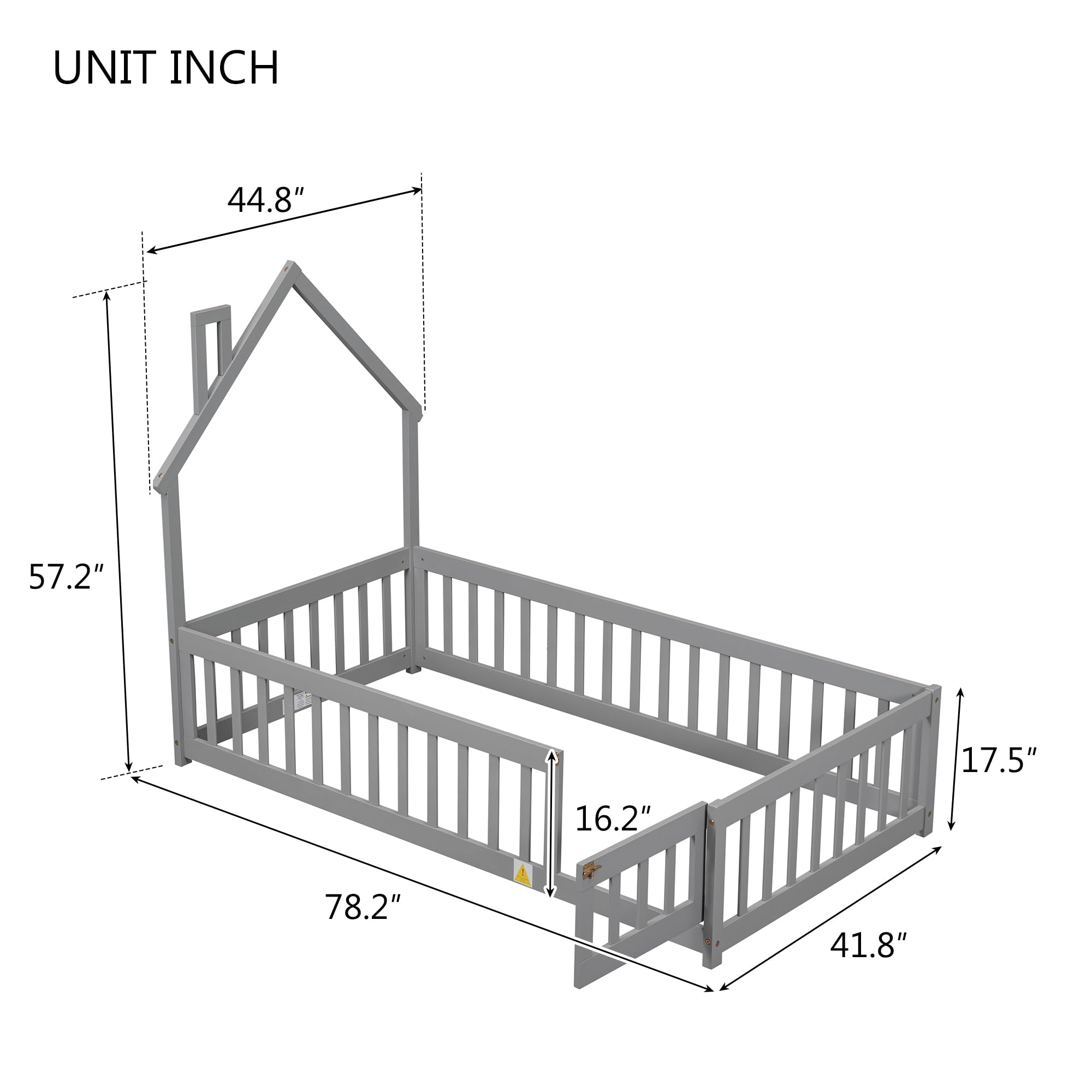 LostCat Twin Size Floor Bed Frame with Fence & Door, Montessori Floor Bed with House-Shaped Headboard, Montessori Bed for Kids Boys Girls, Easy Assembly, Grey