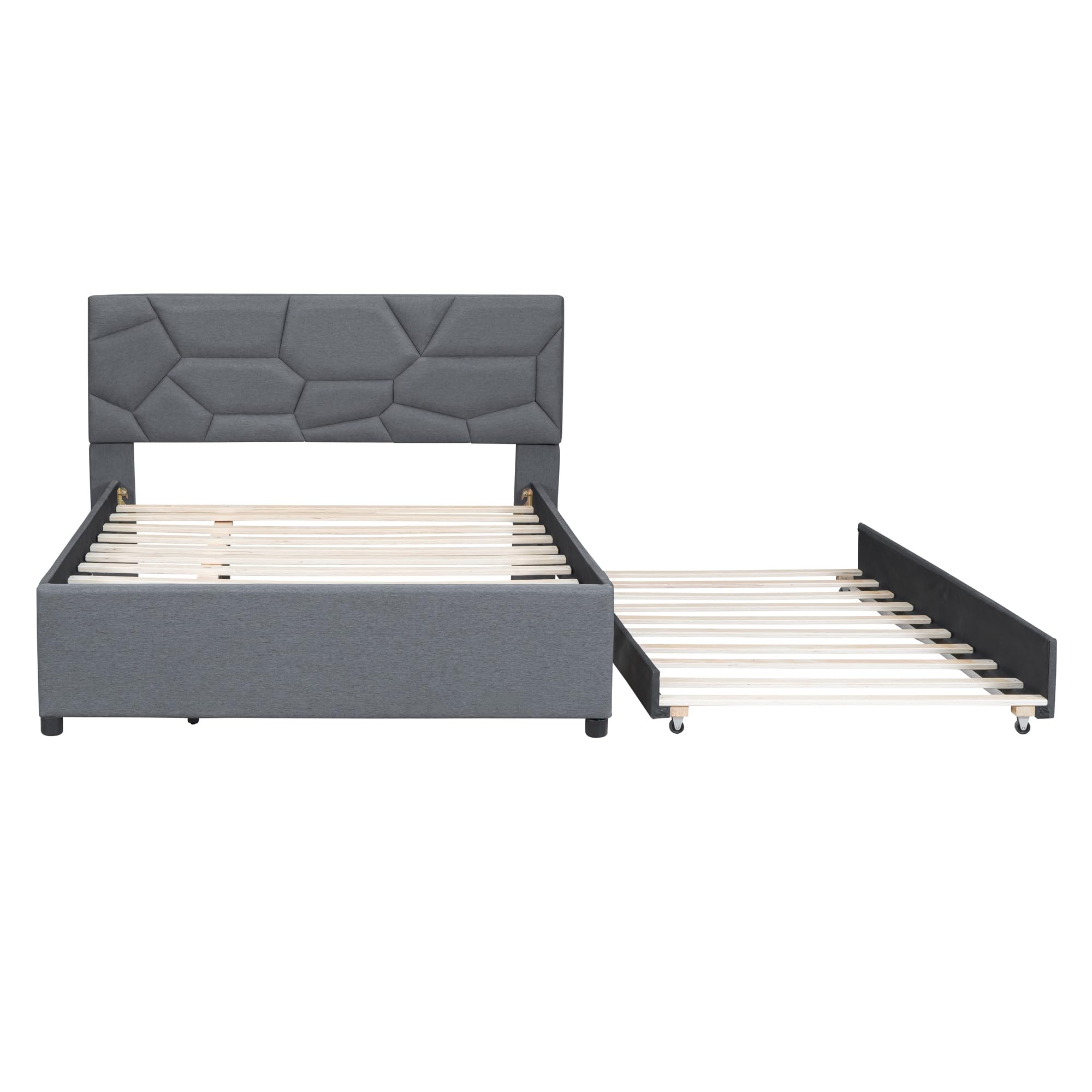 ACQCA Full Size Upholstered Platform Bed with Twin Size Trundle, Headboard w/Brick Pattern, Wood Slat Support Included, for Boys Girls Kids Teens Adult,Gray