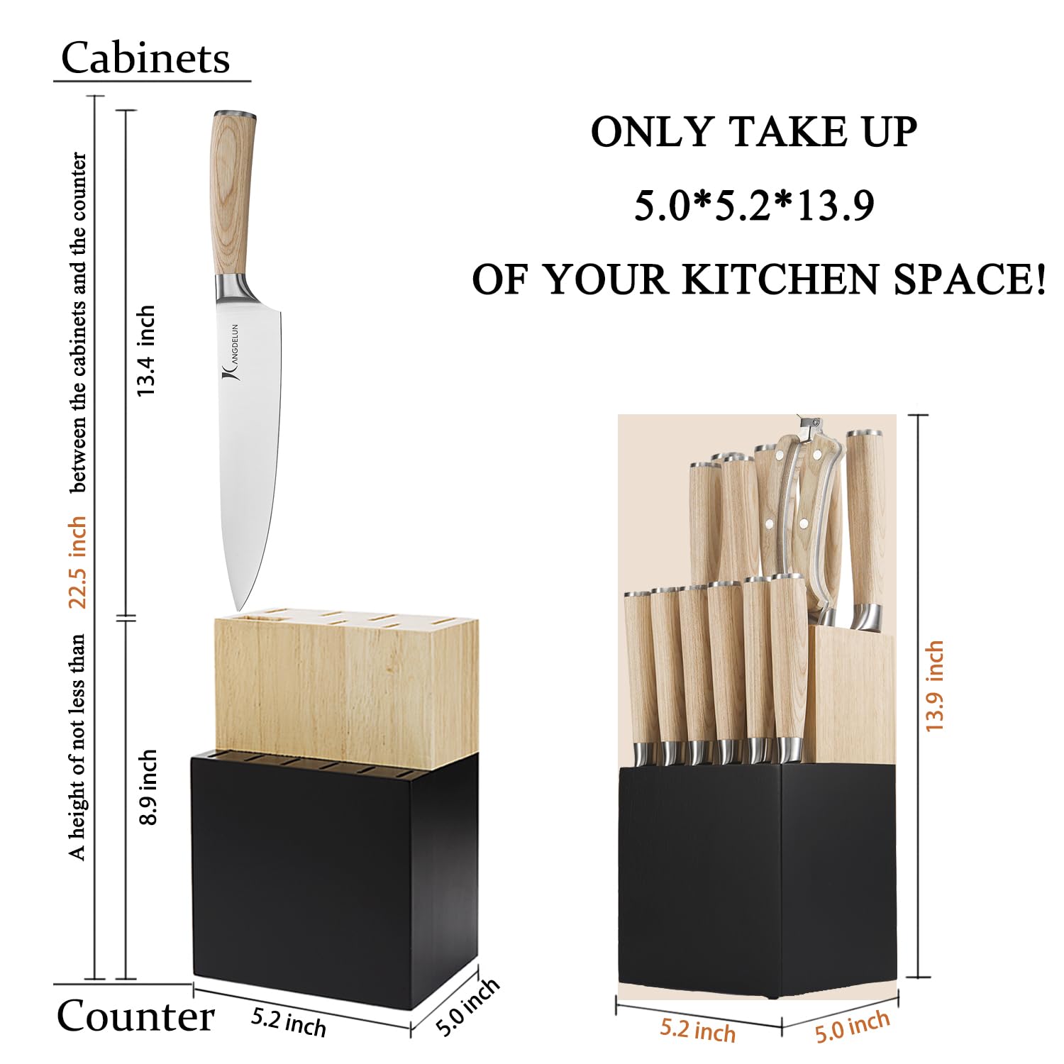 Kangdelun 14 PCS Knife Block Set, Ultra Sharp High Carbon Stainless Steel, Wood Handle