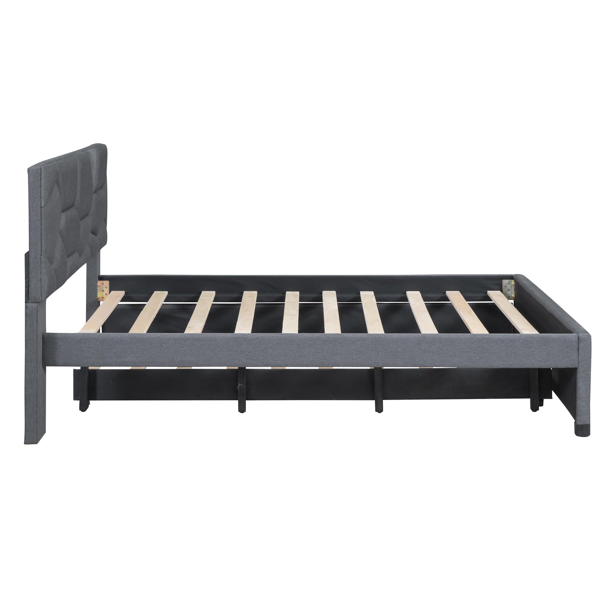 ACQCA Full Size Upholstered Platform Bed with Twin Size Trundle, Headboard w/Brick Pattern, Wood Slat Support Included, for Boys Girls Kids Teens Adult,Gray