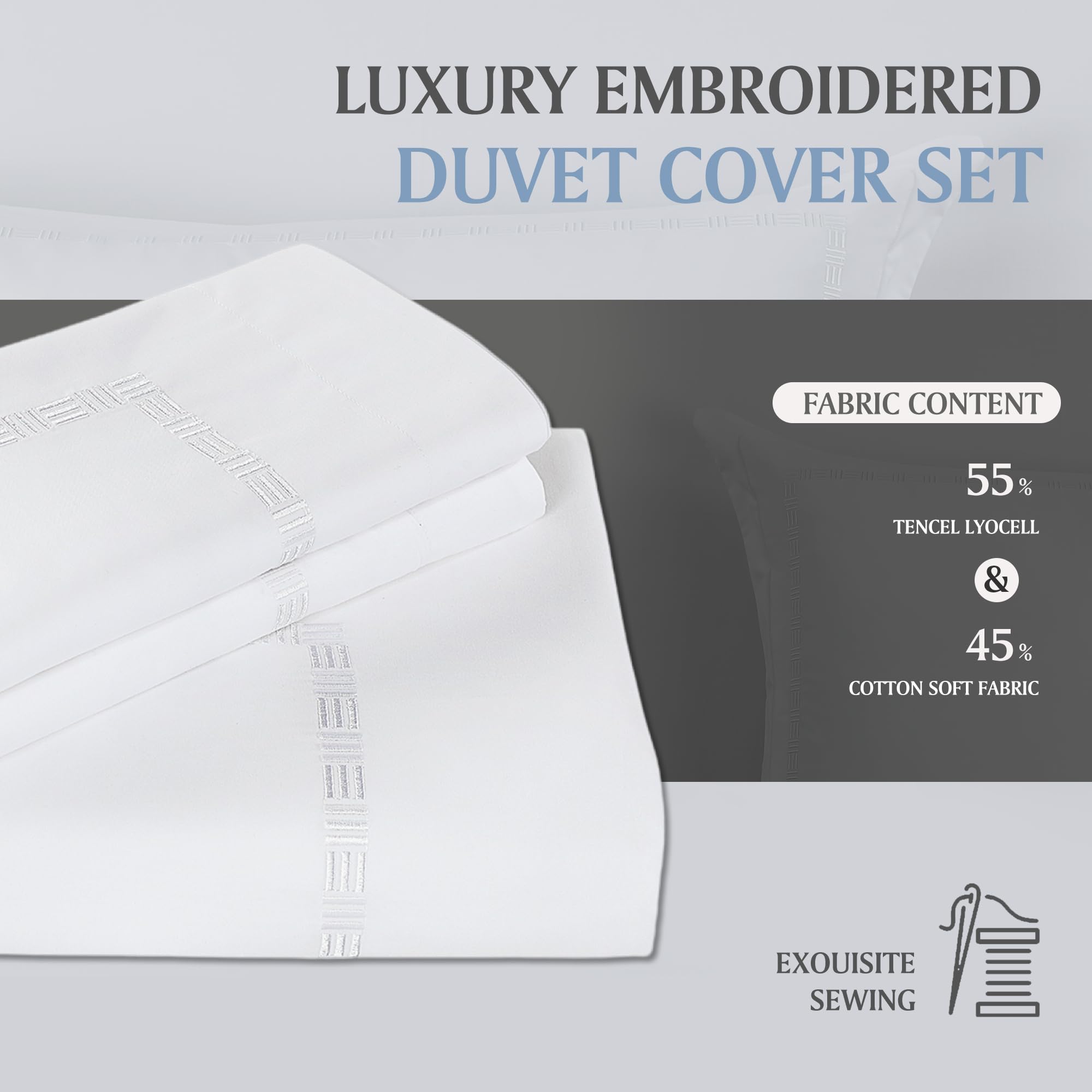 Hotel Grand White Duvet Cover Set King Size - Tencel Cotton Blend Comforter Cover 3 Pieces with Colored Embroidery, 1 Duvet Cover 108" x 98" with Button Closure and 2 Pillow Shams