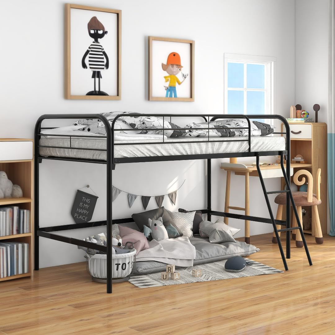 Okak Twin Size Metal Bunk Bed with Ladder and Safety Guardrail Industrial Bunkbeds Loft Bunk Bed for Bedroom for Boys Girls Adult,Noise Free,No Spring Box Needed,Black