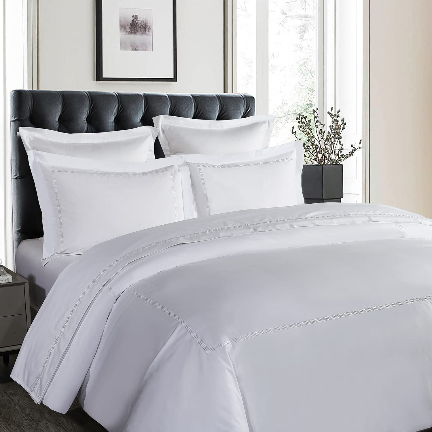 Hotel Grand White Duvet Cover Set King Size - Tencel Cotton Blend Comforter Cover 3 Pieces with Colored Embroidery, 1 Duvet Cover 108" x 98" with Button Closure and 2 Pillow Shams