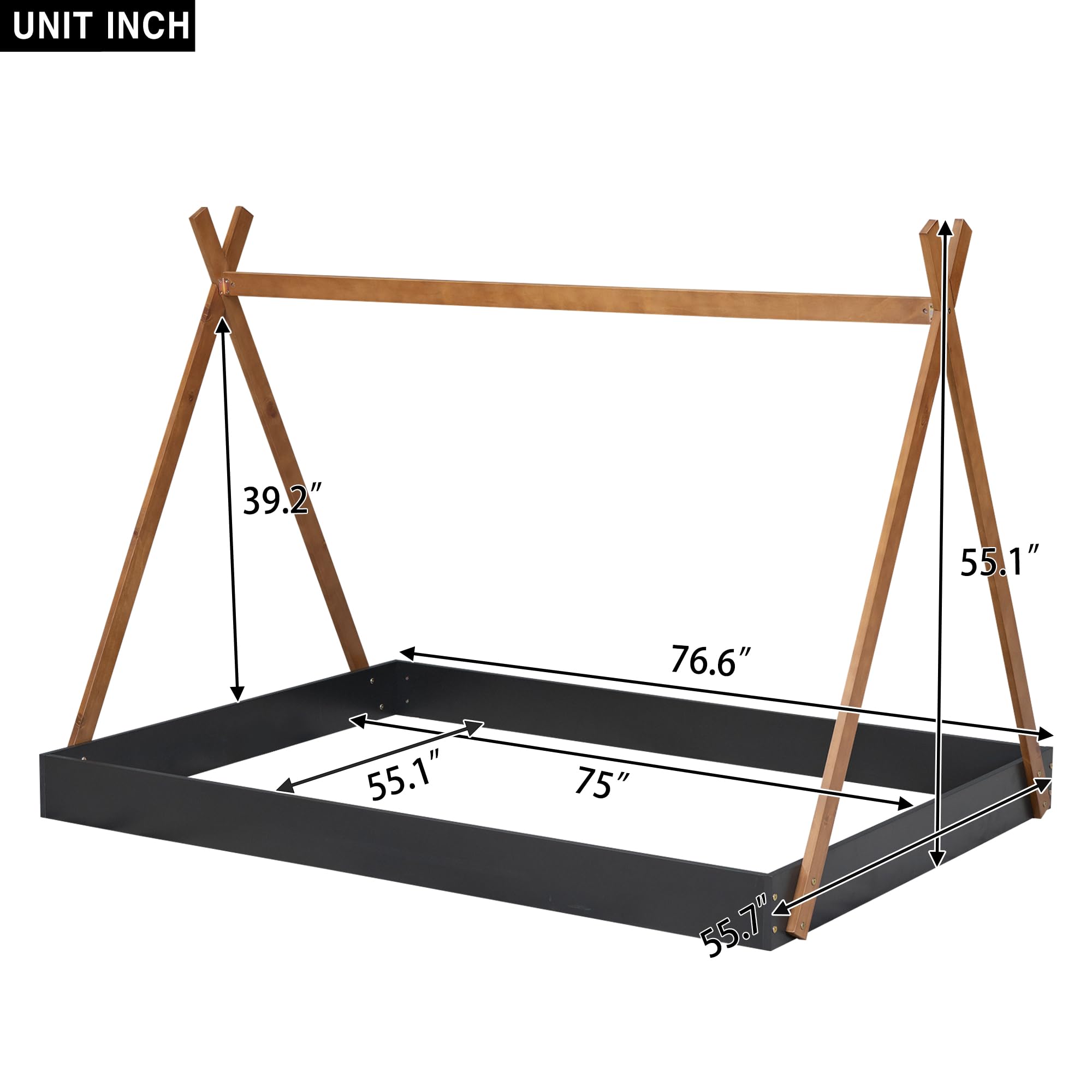 Acosure Full Size Tent Wood Floor Bed with Triangle Structure&X-Shaped Safety Railings,Montessori Style House Tent-Bed Frame for Boys Girls Teens,No Box Spring Required,Black+Brown