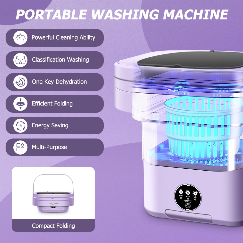 Portable Washing Machine, 11L Large Capacity Washing Machine, Mini Foldable Washer for Deep Cleaning of baby clothes and underwear, Small Washer with 3 Modes for Dormitories, RV, Apartments.(Purple)