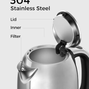 Longdeem Fast-Boil Electric Tea Kettle, 1.7L Stainless-Steel Water Heater, 1500W, Cordless Design with LED, Auto-Shutoff & Anti-Dry Protection, Silver