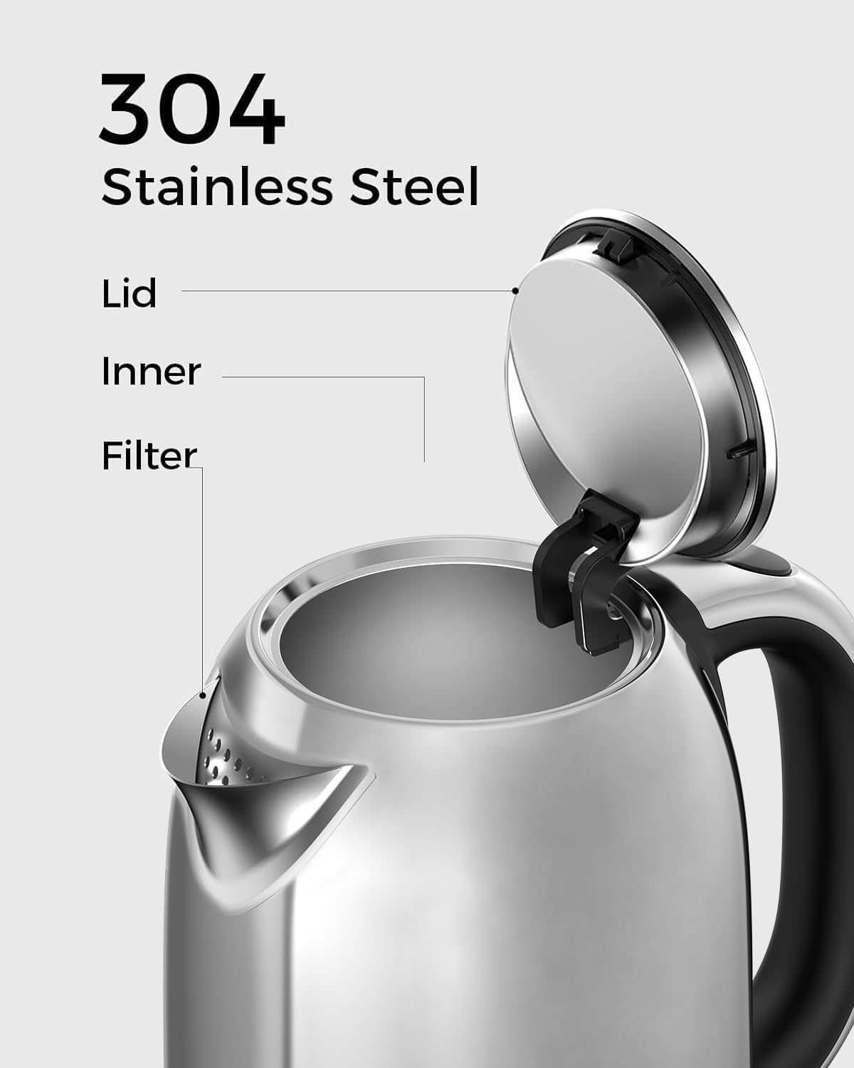 Longdeem Fast-Boil Electric Tea Kettle, 1.7L Stainless-Steel Water Heater, 1500W, Cordless Design with LED, Auto-Shutoff & Anti-Dry Protection, Silver