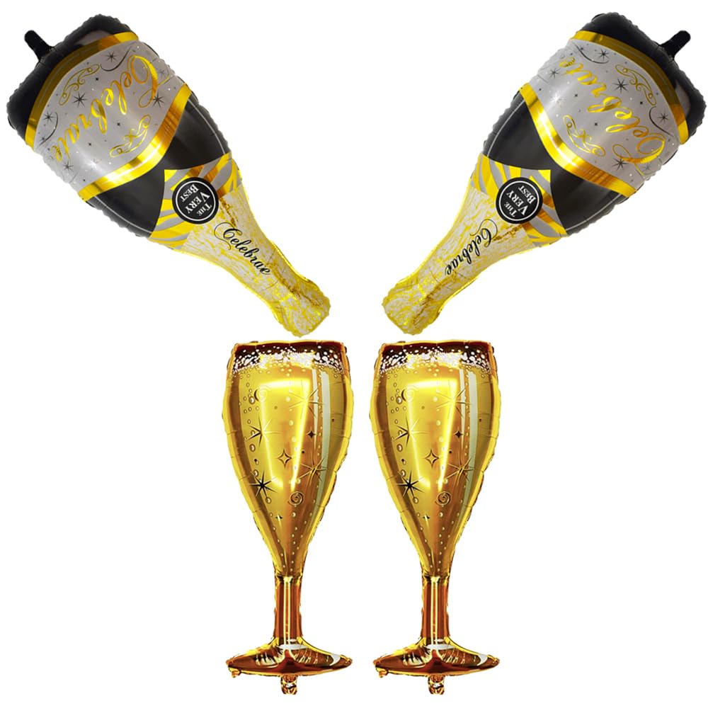 ZZART 4 Pcs Large Mylar Foil Helium Balloons Champagne Bottles and Goblet Wine Glasses, Bright Shining Golden & Black pop Decoration for Party, Birthday, Anniversary Graduation, family gathering