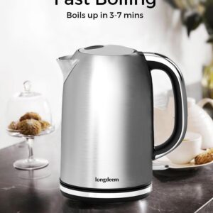 Longdeem Fast-Boil Electric Tea Kettle, 1.7L Stainless-Steel Water Heater, 1500W, Cordless Design with LED, Auto-Shutoff & Anti-Dry Protection, Silver