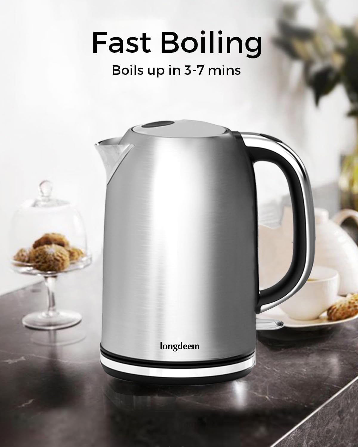 Longdeem Fast-Boil Electric Tea Kettle, 1.7L Stainless-Steel Water Heater, 1500W, Cordless Design with LED, Auto-Shutoff & Anti-Dry Protection, Silver