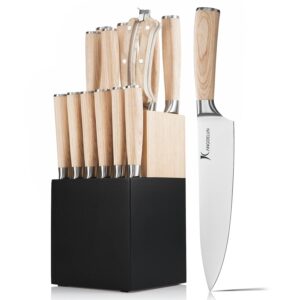 kangdelun 14 pcs knife block set, ultra sharp high carbon stainless steel, wood handle