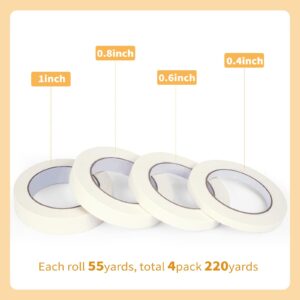 4 Pack Masking Tape, White Painters Tape, 55yds Each Artist Tape for Wall, Painting, Home, Office, School Stationery, Arts, Crafts 0.4" 0.6" 0.8” 1” x 55yds, 220 Yard in Total