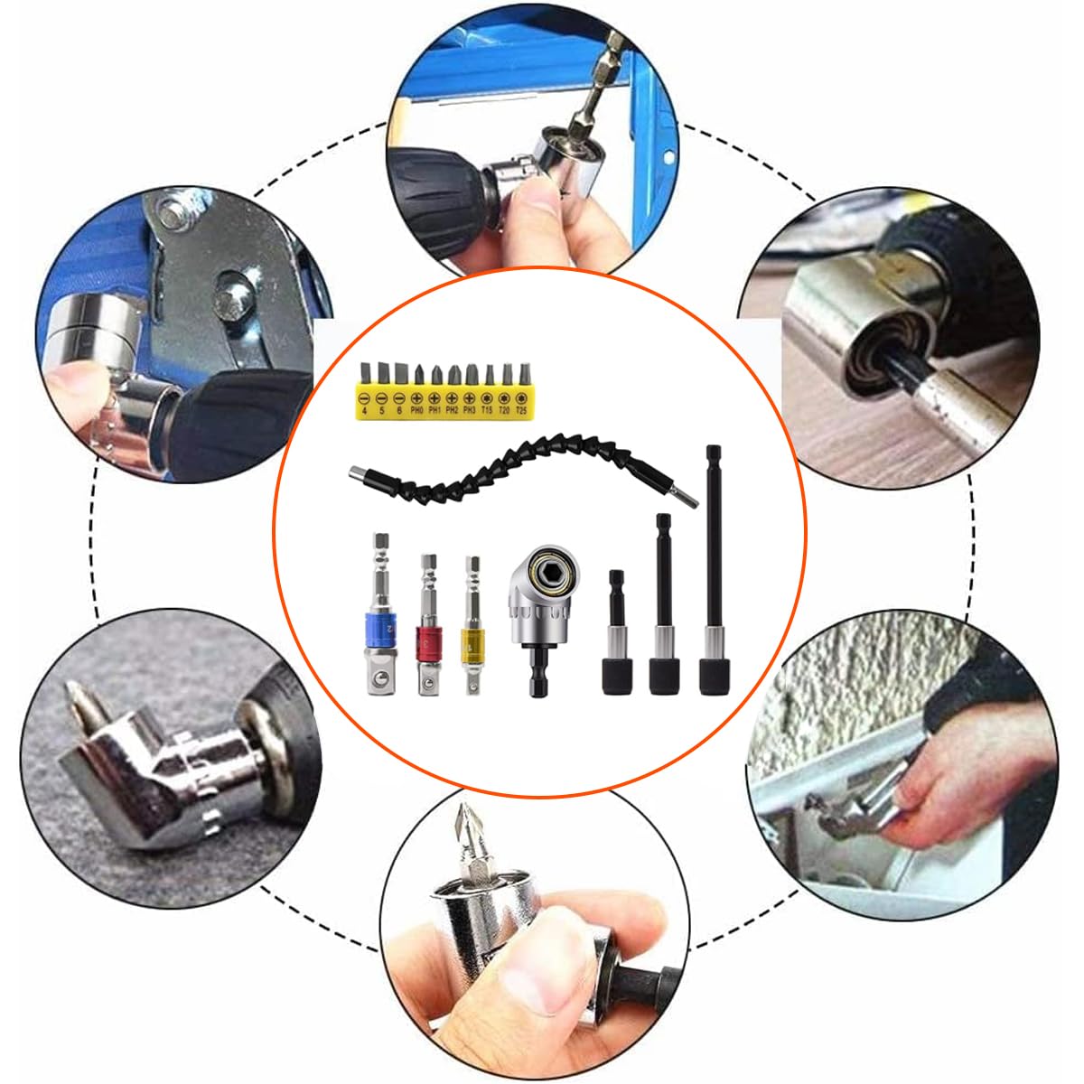 Flexible Drill Bit Extension, Hex Shank 105° Right Angle Drill, 3Pcs Drill Bit Holder Extension, 3Pcs 1/4 3/8 1/2" Universal Socket Adapter, 11.6 inch Screwdriver Soft Shafts, Screwdriver Bit Kit