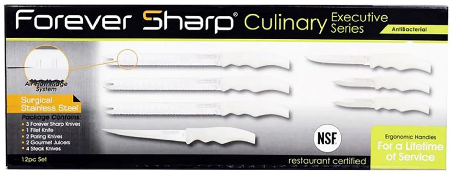 Forever Sharp Culinary Executive Series- Stainless Steel with White Handle Knife Set- Carving, Filleting, Paring, and Steak Knives- Perfect for Kitchen and Homes