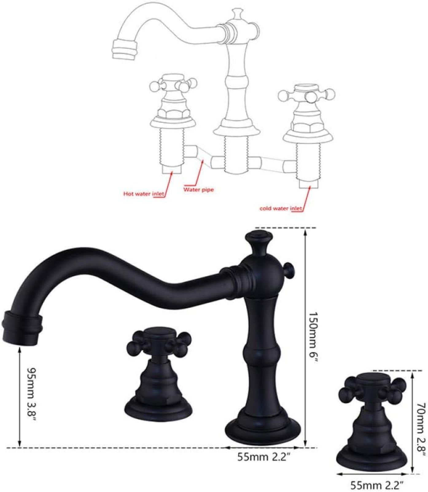 Bathroom Faucet, Bathroom Kitchen Basin Mixer Tap Sink Faucet 2 Handles 3Pcs Gold Bathroom Basin Faucet Bathtub Tap-Matte Black