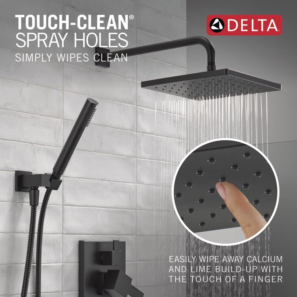 Delta Faucet Modern Raincan 2-Setting Square Shower System Including Rain Shower Head and Handheld Spray Black, Rainfall Shower System Brushed Black, Shower Valve Trim Kit, Matte Black 342701-BL