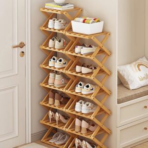 Narrow Shoe Rack - Shoe Storage Organiser- Vertical Bamboo Foldable Shoes Shelf for Entryway, Closet, Bedroom, Hallway ([tawny] 6 layers)