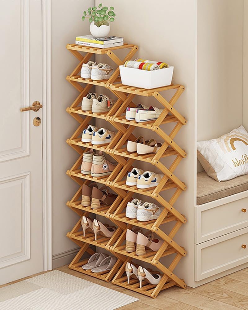 Narrow Shoe Rack - Shoe Storage Organiser- Vertical Bamboo Foldable Shoes Shelf for Entryway, Closet, Bedroom, Hallway ([tawny] 6 layers)