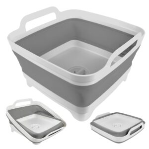 gimwa collapsible wash basin for baby bottles with drain plug, 2.4 gallons space-saving camping sink for rv, collapsible dish tub (gray)