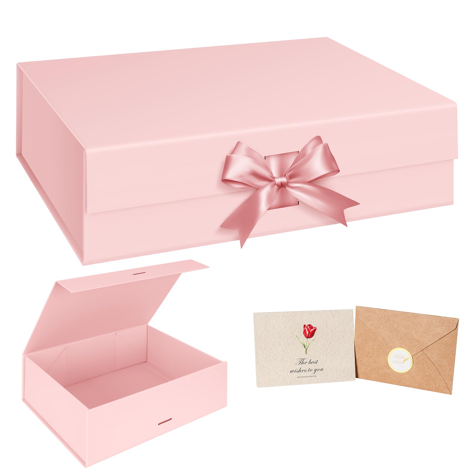 WARMGBOXCO 1 Pcs Pink Gift Box 13x9x4Inch,Gift Boxes with Lids for presents,Collapsible Boxes for Gifts,With Greeting Card,Suitable for Bridesmaid Proposal Box,Birthday Gift Box,Etc.