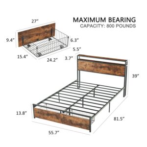 Virabit Bed Frame Full Size with Drawers, Full Platform Bed Frame with Headboard and Power Outlets, No Box Spring Needed, Easy Assemble(Brown).