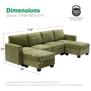 ABCASA 118" Modular Sectional Couches for Living Room, No Compressed No Sagging, 6 Seat Sofa Couch with Storage, Easy to Install - Corduroy Green