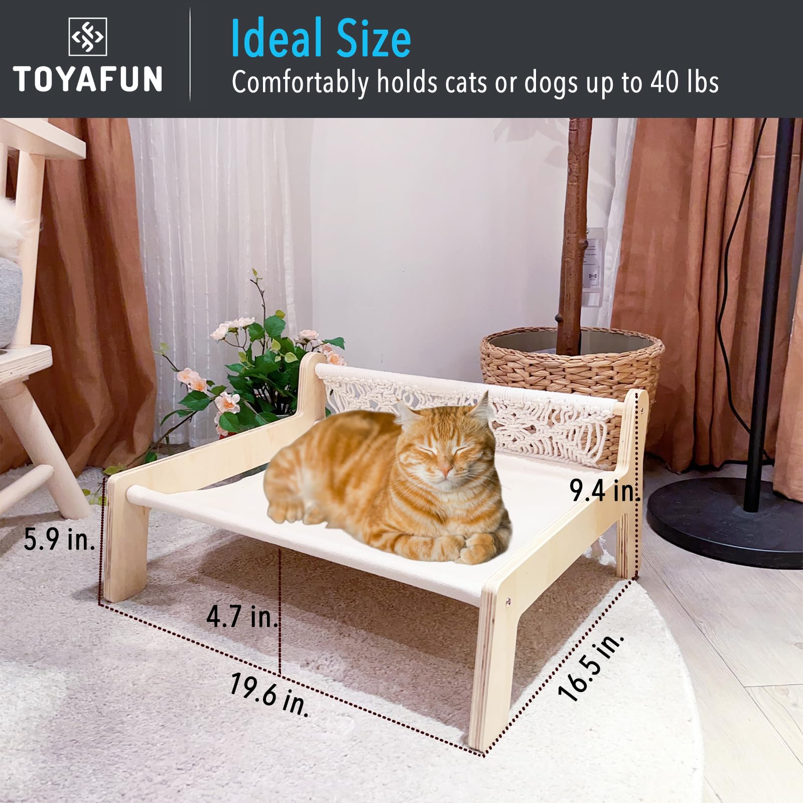 TOYAFUN Boho Cat Hammock Bed - Macrame Elevated Cat Bed for Indoor Cats, Free-Standing Breathable Cat Chair, Wooden Cat Swing Bed Pet Furniture Gift for Cats and Small Dogs