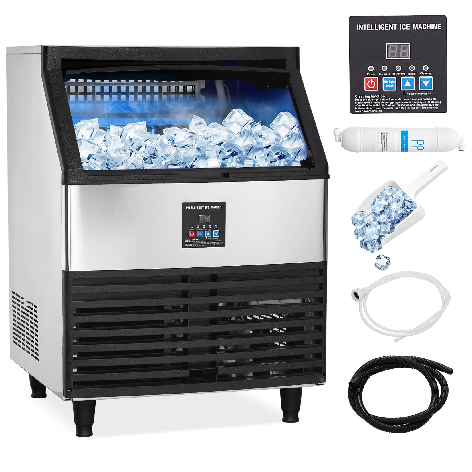 Commercial Ice Maker Machine, 300LBS/24H with 100LBS Large Storage Bin, 160Pcs Clear Cube Ice for Restaurant Bar, Self Cleaning Freestanding Ice Maker