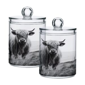 xigua 2 pack highland cow qtip holder dispenser with lids 14 oz bathroom storage organizer set,clear apothecary jars food storage containers for tea,coffee,cotton ball,cotton swab,floss