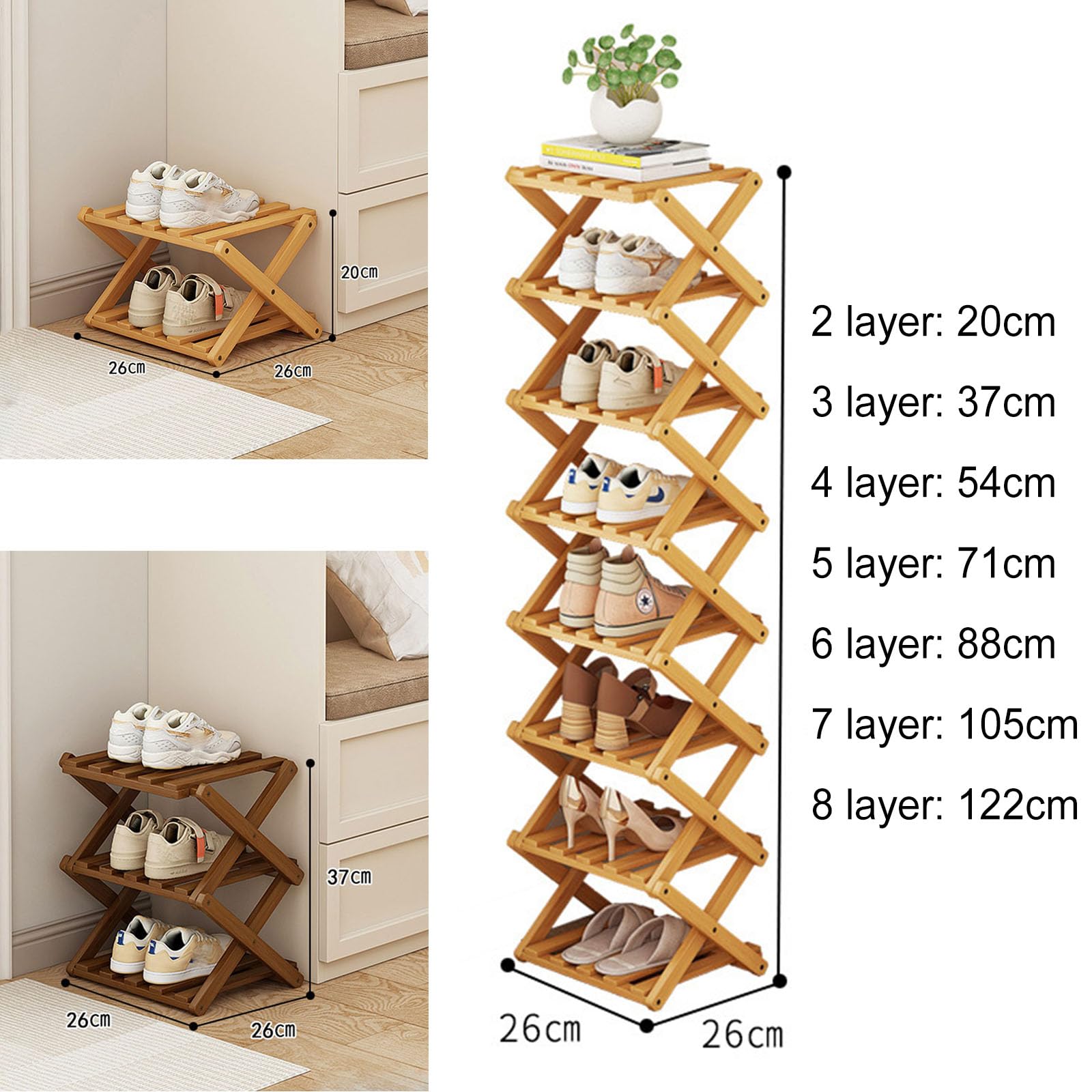 Narrow Shoe Rack - Shoe Storage Organiser- Vertical Bamboo Foldable Shoes Shelf for Entryway, Closet, Bedroom, Hallway ([tawny] 6 layers)