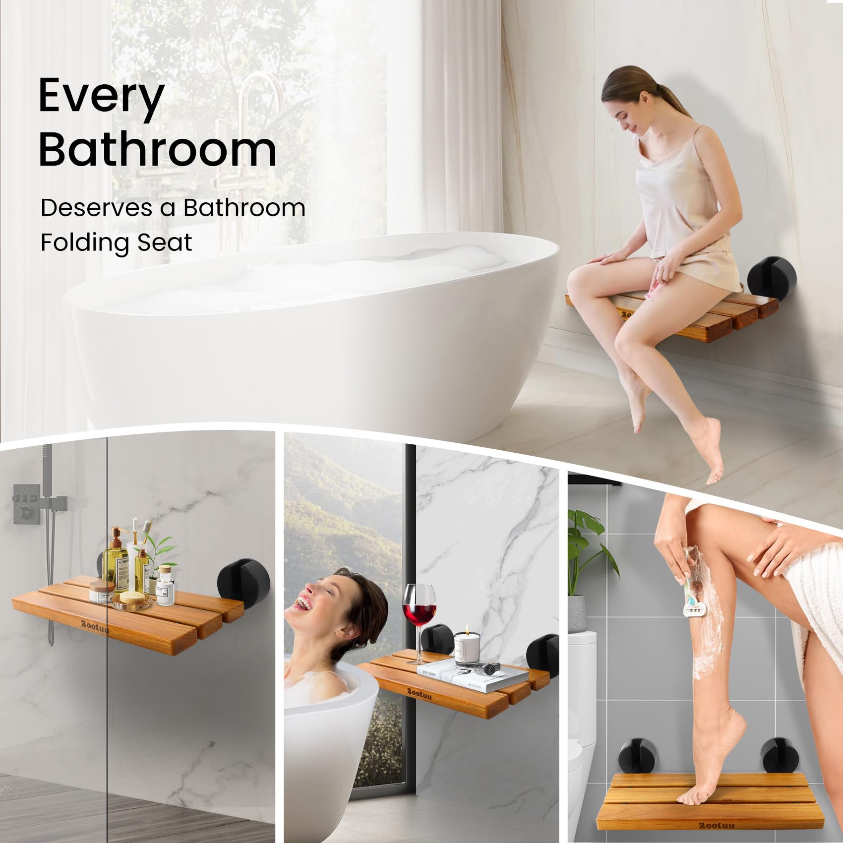 20" Teak Folding Shower Seat Wall Mounted, Fold Down Shower Seat for Inside Shower, Home Care Teak Folding Shower Seat, Wall Mounted Shower Bench with 400 Lb. Weight Capacity