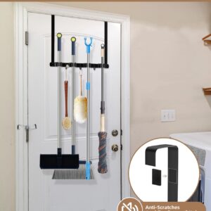 PrimZooty Broom Holder Over The Door - 304 Stainless Steel Mop and Broom Holder Wall Mounted or Hanging Over The Door with Hooks - Broom Hanger, Broom Storage Tool Organizer for Garage Closet Laundry