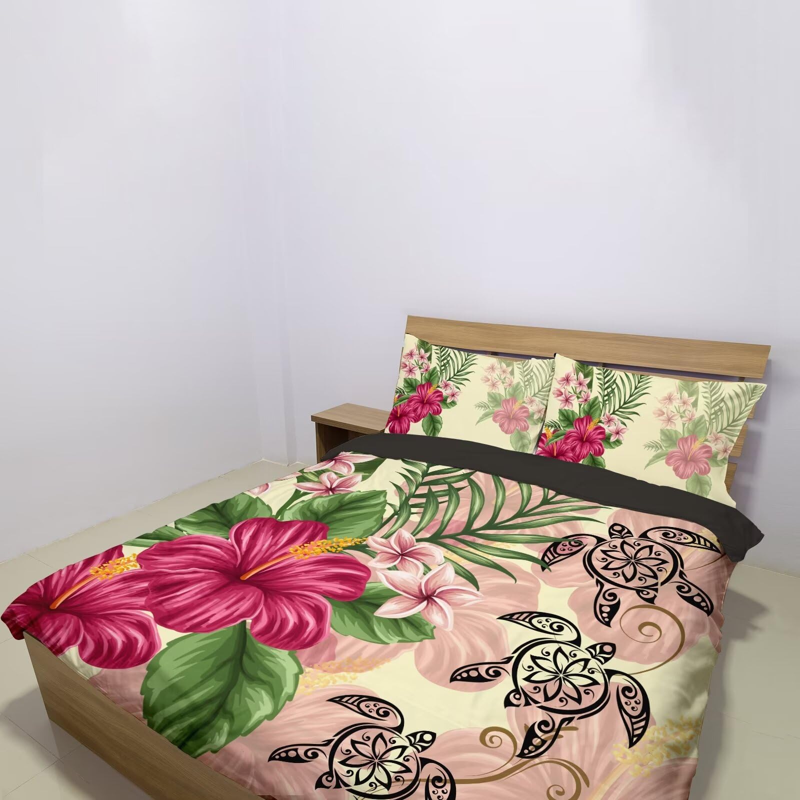 Gearider Pink Tropical Hibiscus Floral Printed Duvet Cover, Mandala Turtle Soft Bedding Set, 3 Pieces, Zipper Closure & 2 Pillow Shams - Size Queen