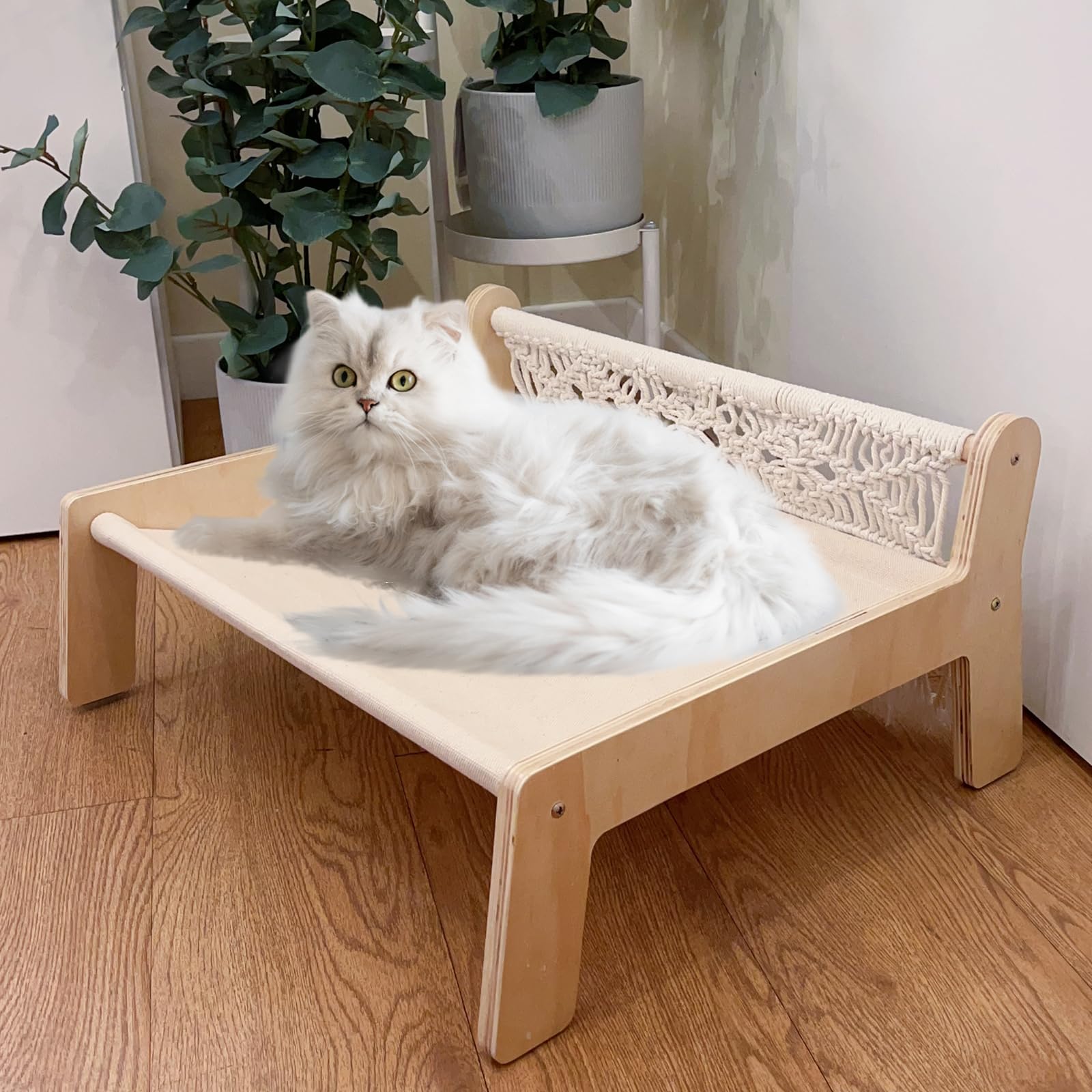 TOYAFUN Boho Cat Hammock Bed - Macrame Elevated Cat Bed for Indoor Cats, Free-Standing Breathable Cat Chair, Wooden Cat Swing Bed Pet Furniture Gift for Cats and Small Dogs