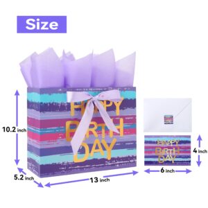 13" Large Purple-blue Multicolor Watercolor Gift Bag Set with Greeting Card and Lavender Tissue Papers (Gold Foil ‘Happy Birthday’) for Women's or Men's Birthday Party, Girls', Boys' or Kids' Party,