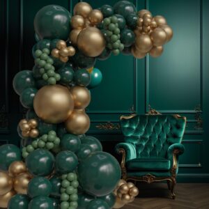 143Pc Emerald Green and Gold balloon Garland Dark Green Metalic Gold Balloons Arch Set Forest Green Decorations for Baby Showers, Birthdays, Weddings, Christma Holiday Hunting Themed Events