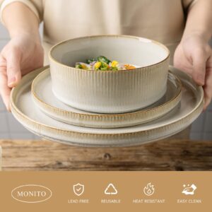 MONITO Ceramic Dinnerware 16 Pieces Dinner Set,Plates Pasta Bowls Cereal Bowls Reactive Change Glaze Dish Sets, Modern Stoneware Dishes, Gift, Bonbon Beige