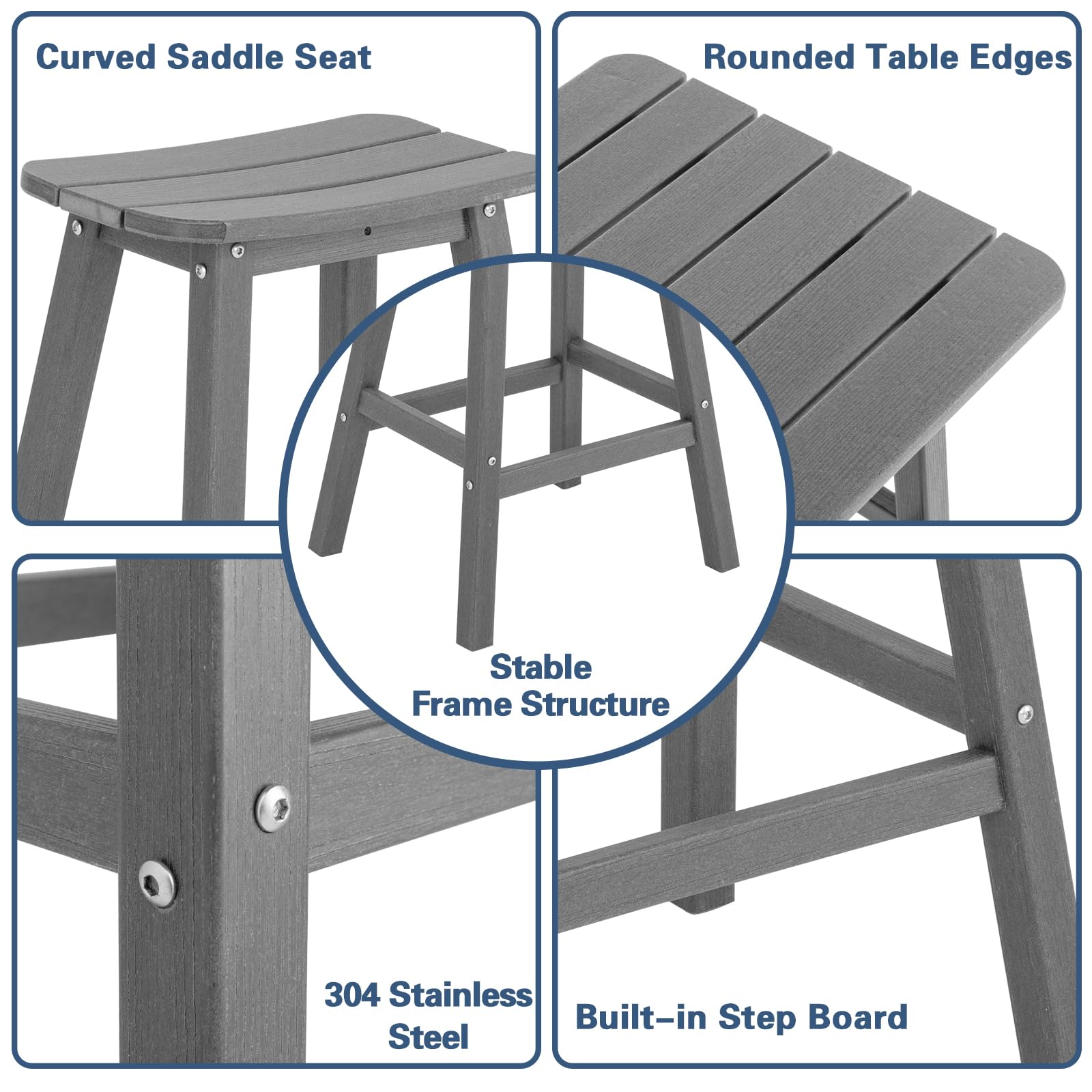 INTOBOO 3 Pcs Adirondack Outdoor Bar Table and Chairs Set, Round Bar Height Patio Set, HDPE Bar Set for Balcony, Garden, Poolside (Grey)