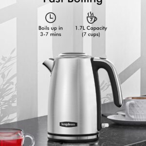 LONGDEEM Electric Kettle Stainless Steel 1.7L - 1500W Quick Boil, Retro Style, Auto Shut-Off, Boil Dry Protection with Filter & Water Gauge - Perfect for Tea, Hot Water