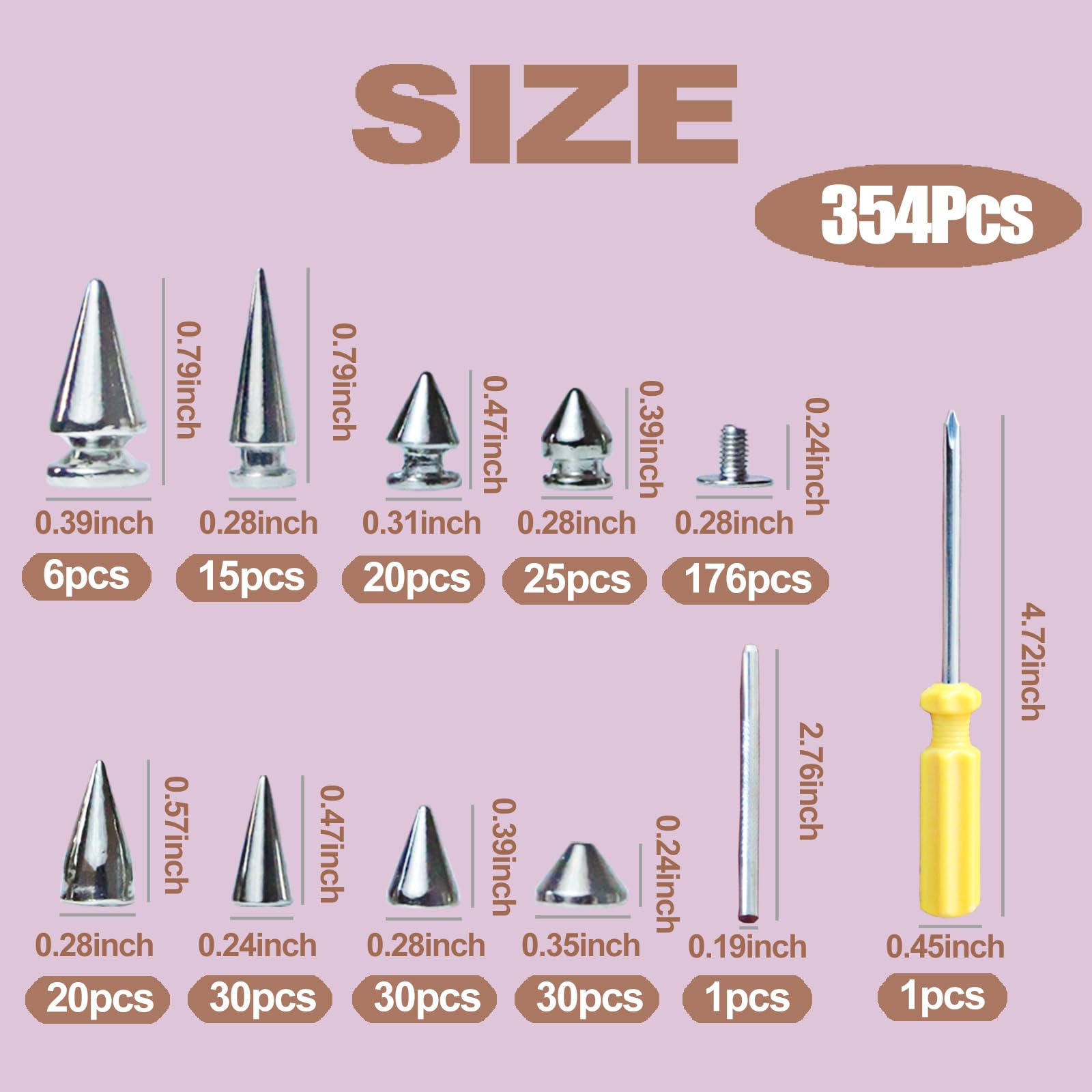 XKCWXY 354 Sets Punk Spikes and Studs Kit，8 Sizes Cone Spikes,Metal Tree Spikes Studs for Leathercraft and Punk Style Clothing Accessories DIY Craft Decoration