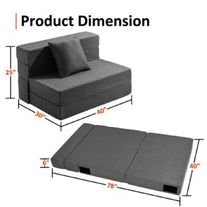 JKMAX Twin Size Folding Sofa Bed - 4 in 1 Sleeper Chair with Pillow - High Density Memory Foam Fold Out Couch - Convertible Folding Bed with Washable Modern Linen Cover for Apartment (Dark Grey)